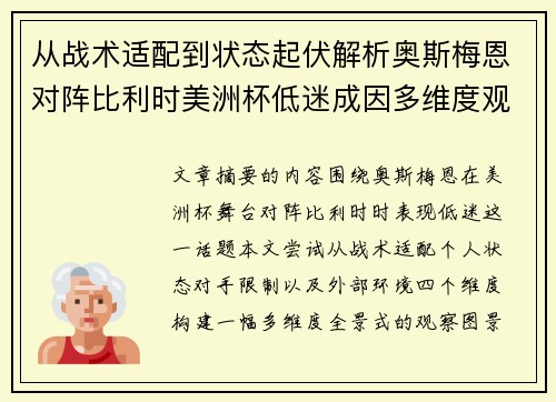 从战术适配到状态起伏解析奥斯梅恩对阵比利时美洲杯低迷成因多维度观察全景